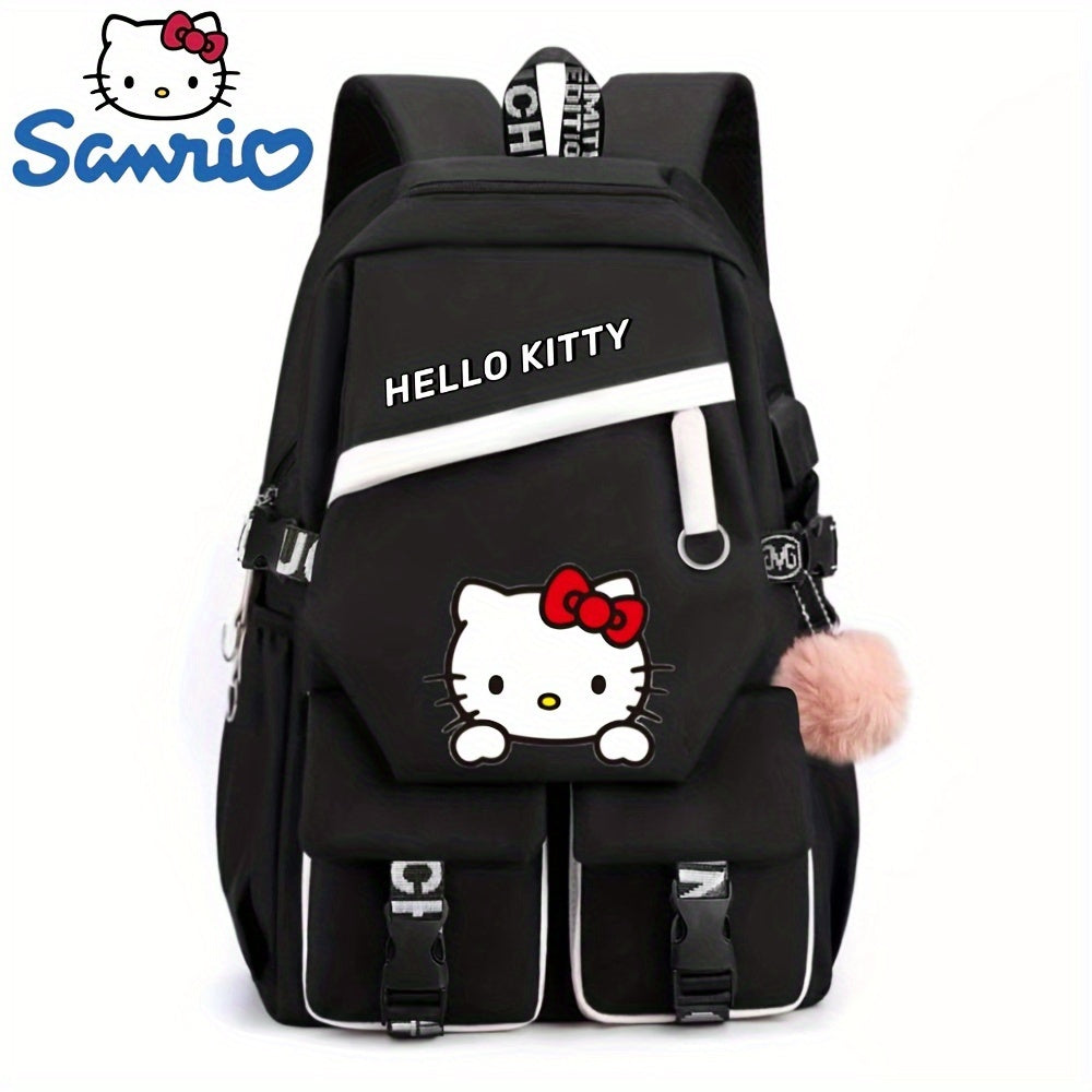 Sanrio Hello Kitty Backpack for Women, Preppy Style Nylon School Bag with Polyester Lining, Large Capacity Zippered Foldable Outdoor Travel Rucksack with Cute Fashionable Design