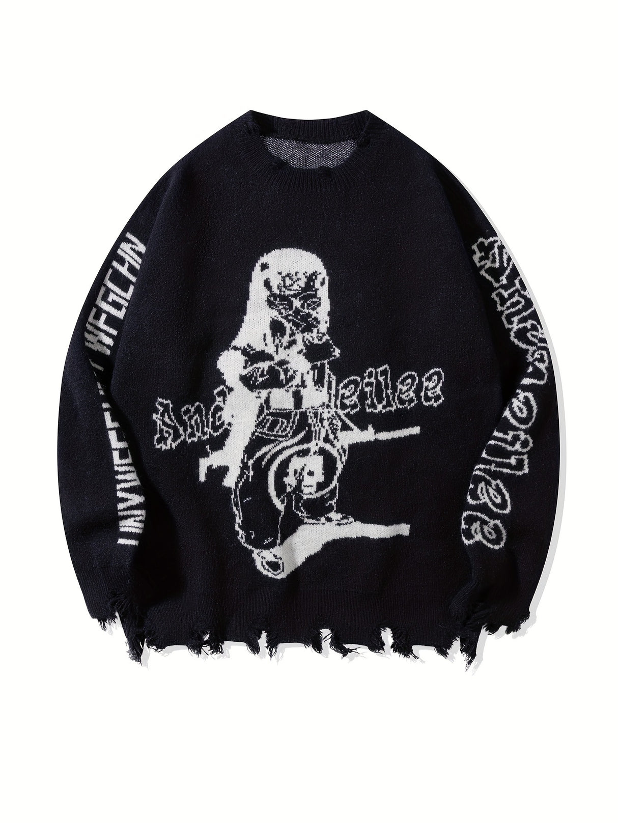 Street Style Crew Neck Knit Pullover with Tassel Detail, Long Sleeve Printed Acrylic Blend Sweater for Men - Medium Stretch, Loose Fit Fall/Winter Collection