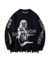 Street Style Crew Neck Knit Pullover with Tassel Detail, Long Sleeve Printed Acrylic Blend Sweater for Men - Medium Stretch, Loose Fit Fall/Winter Collection