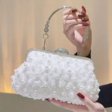 Luxurious Faux Pearl Evening Clutch Bag - 3D Flower Embellished, Top Ring Design, Wedding Bridal Prom Banquet Purse with Elegant Look and Compact Size