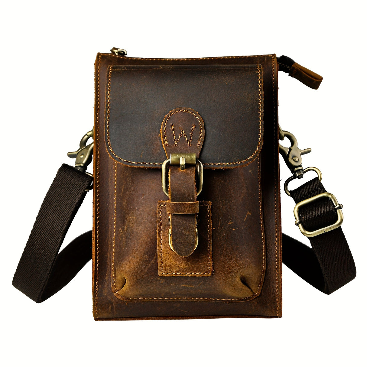 Genuine Crazy Horse Leather Unisex Crossbody Sling Waist Bag, Retro Travel Phone Pouch Fanny Belt Bag, 6402