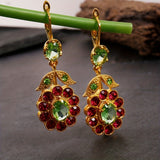 Vintage-Inspired 925 Silver Plated, 14K Gold Plated Dangle Earrings with Mosaic Synthetic Gems, Boho Chic Flower Rose Red Leaf Design, Zinc Alloy Construction, Ideal Gift for Women
