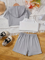 Girl's Stylish 3pcs, Hooded T-shirt & Camisole & Shorts Set, CALIFORNIA Patched Short Sleeve Top, Casual Outfits, Kids Clothes For Summer