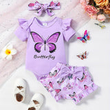 Baby Girl Butterfly Pattern Onesie, bow lace shorts, hair band three-piece set