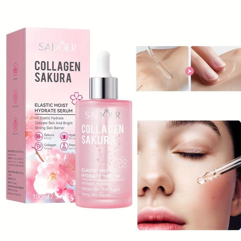 SADOER Cherry Blossom Collagen Serum - Elastic Moisturizing Essence for Smooth, Firm Skin, Hydrates & Brightens, Hypoallergenic, 100ml
