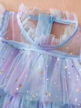 Stunning Ombre Ruffle Princess Tutu Dress - Soft Cotton Blend, Non-Stretch, Preppy Style, Flutter Sleeve, Regular Fit, Perfect for Summer Holiday Party, Gift for Little Girls