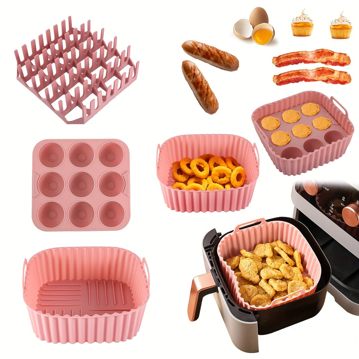 [9-Cavity Cake Mold Air Fryer Set] 1set, Premium Square Air Fryer Silicone Set - Bacon & Hot Dog Rack, 9-Cavity Cake Mold, Air Fryer Pan - BPA-Free, Dishwasher Safe - Compatible With 7QT+ Air Fryers