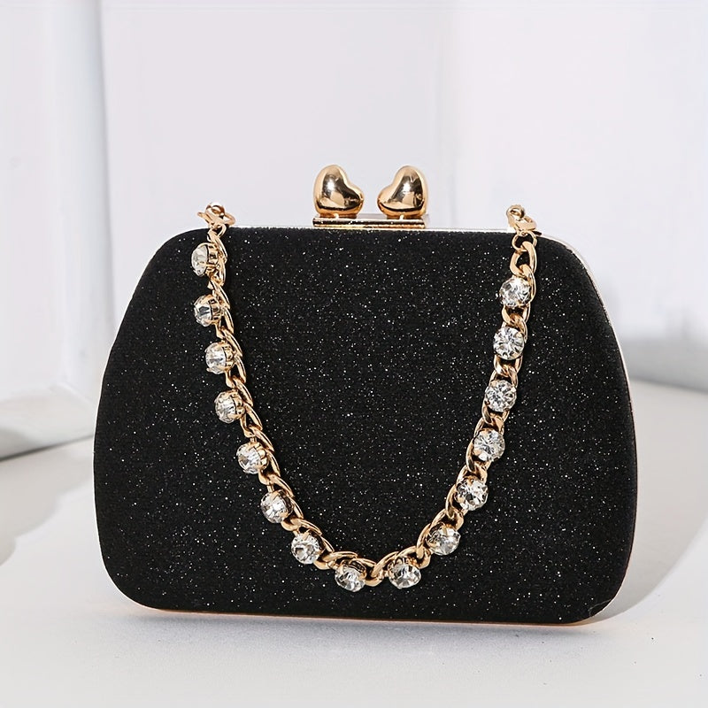 Shimmering Heart Glam Clutch Bag - Studded Chain & Metal Detail - Versatile Evening Wear for Banquets & Parties - Durable PU Material