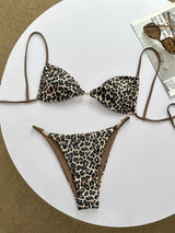 New Women's Leopard Print Lace Up Pearl Button Bikini Two-piece Beach Vacation Sexy Swimsuit for Women