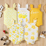 5pcs Baby Girls' Summer Rompers | Cute Fruit & Floral Print with Ruffled Straps | Soft Knit Fabric, Elastane & Polyester Blend | Button Closure | Multi-Color Pastel Yellow & White | Ideal for Playful Infants, Baby Girl Clothe
