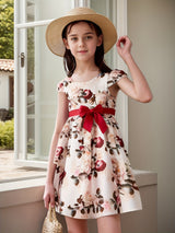 Girls Elegant Floral Pattern Dress Short Sleeves Dresses Kids Clothes For Winter Fall Christmas Gift Party