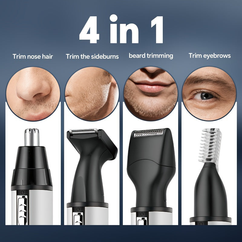 4-in-1 Multi-Functional Electric Shaver - Electric Razor with USB Rechargeable, Aluminum Body, Sideburns Trimmer, Eyebrow Trimmer, Nose Hair Trimmer, Base and Advanced Cordless Design for Easy Use