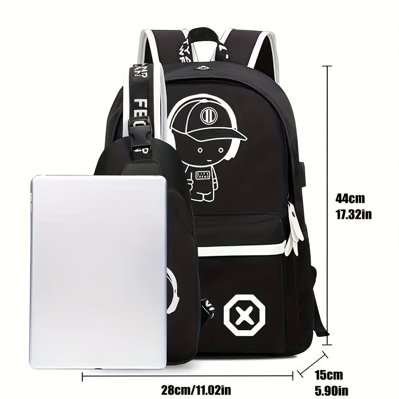 2pcs/set Large Capacity Simple Backpack, Cartoon Print Travel Backpack School Bag Crossbody Bag Chest Bag