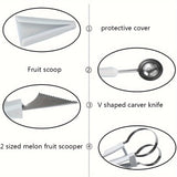 4-Piece Fruit Carving Knife Set - Stainless Steel Watermelon Slicer, Melon Baller Scoop, Seed Remover, Peeler - Multifunctional Fruit Shaping Kitchen Gadgets for Fruit Preparation & Decoration
