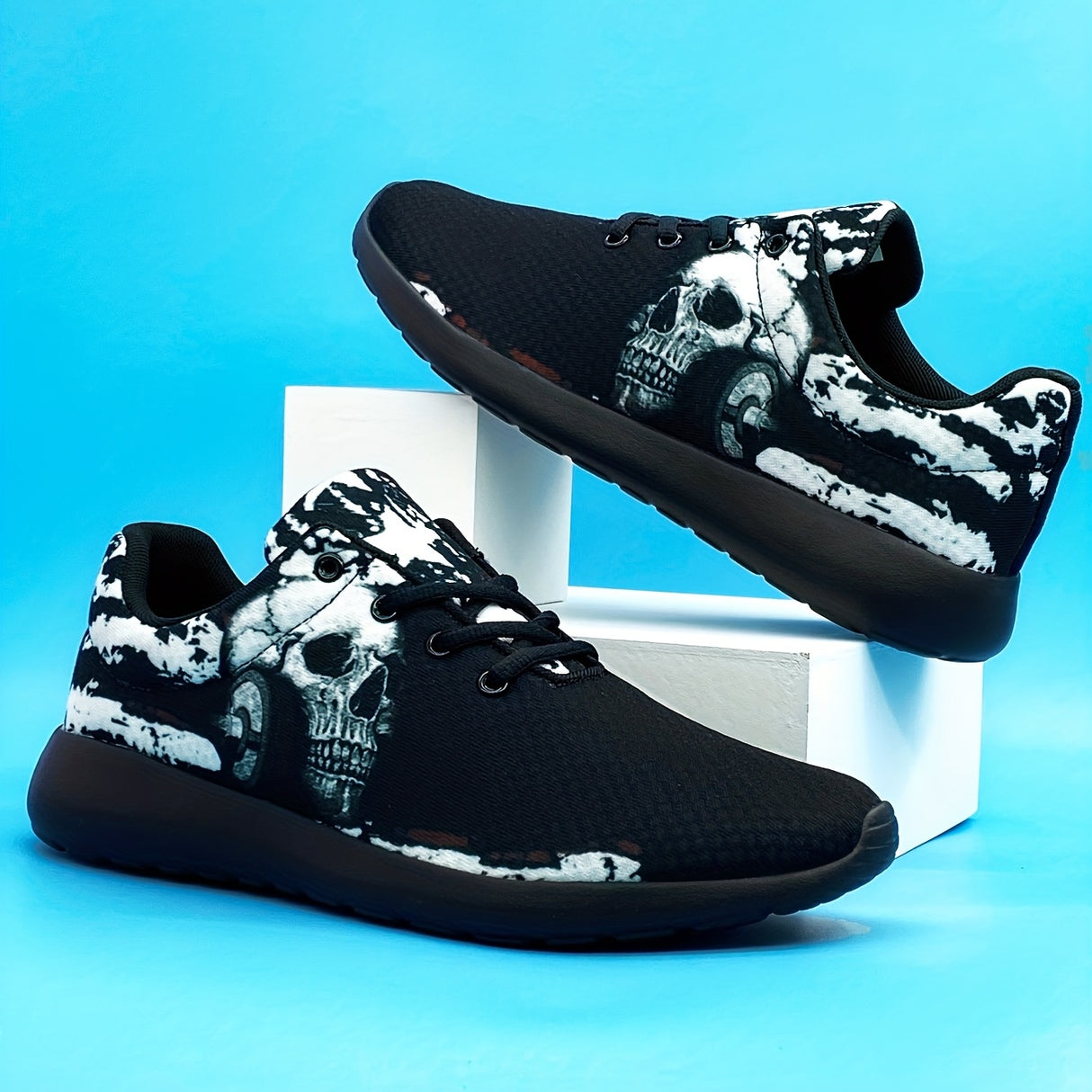 Mens Punk Skull Trendy Running Shoes - Lightweight, Breathable, Comfy, and Stylish for Spring and Summer, Perfect for Halloween and Casual Outdoor Activities
