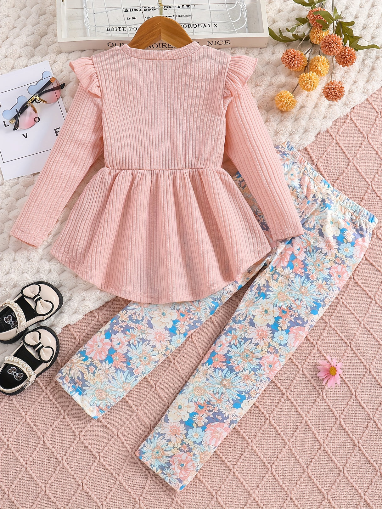 Sweet Outfits 2pcs Girls, Flutter Trim Long Sleeve Pullover + Flora Print Pants Set Kids Clothes Spring Fall