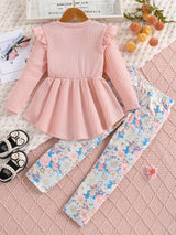 Sweet Outfits 2pcs Girls, Flutter Trim Long Sleeve Pullover + Flora Print Pants Set Kids Clothes Spring Fall
