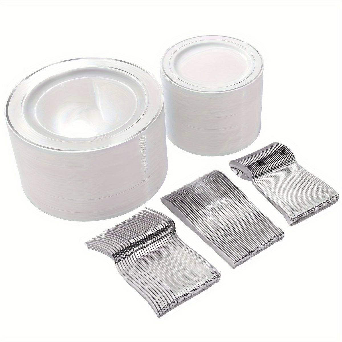 500 Pcs Golden Plastic Plates with Golden Silverware, White Golden Plastic Dinnerware Set for Party include: 100 Dinner Plates 10.25 inch, 100 Dessert Plates 7.5 inch, 100 Golden Silverware Sets