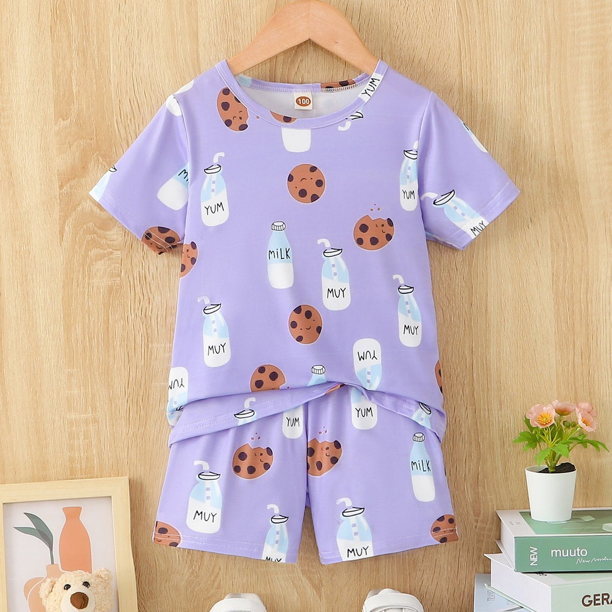 Boys Cartoon Biscuit And Milk Outfit Shorts & T-shirt Short Sleeves Crew Neck Casual Summer Kids Clothes