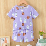 Boys Cartoon Biscuit And Milk Outfit Shorts & T-shirt Short Sleeves Crew Neck Casual Summer Kids Clothes