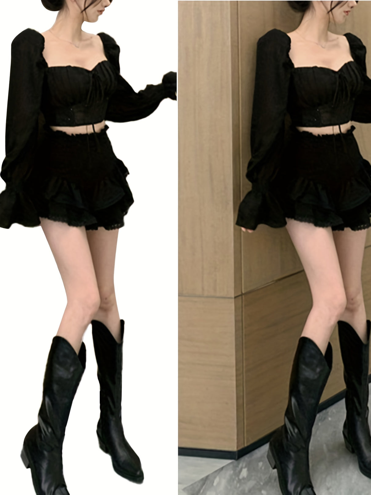 Women's Long Sleeve Crop Tops, Solid Color Patchwork Tie Up See-Through Blouse, Casual Sweet Style Tops