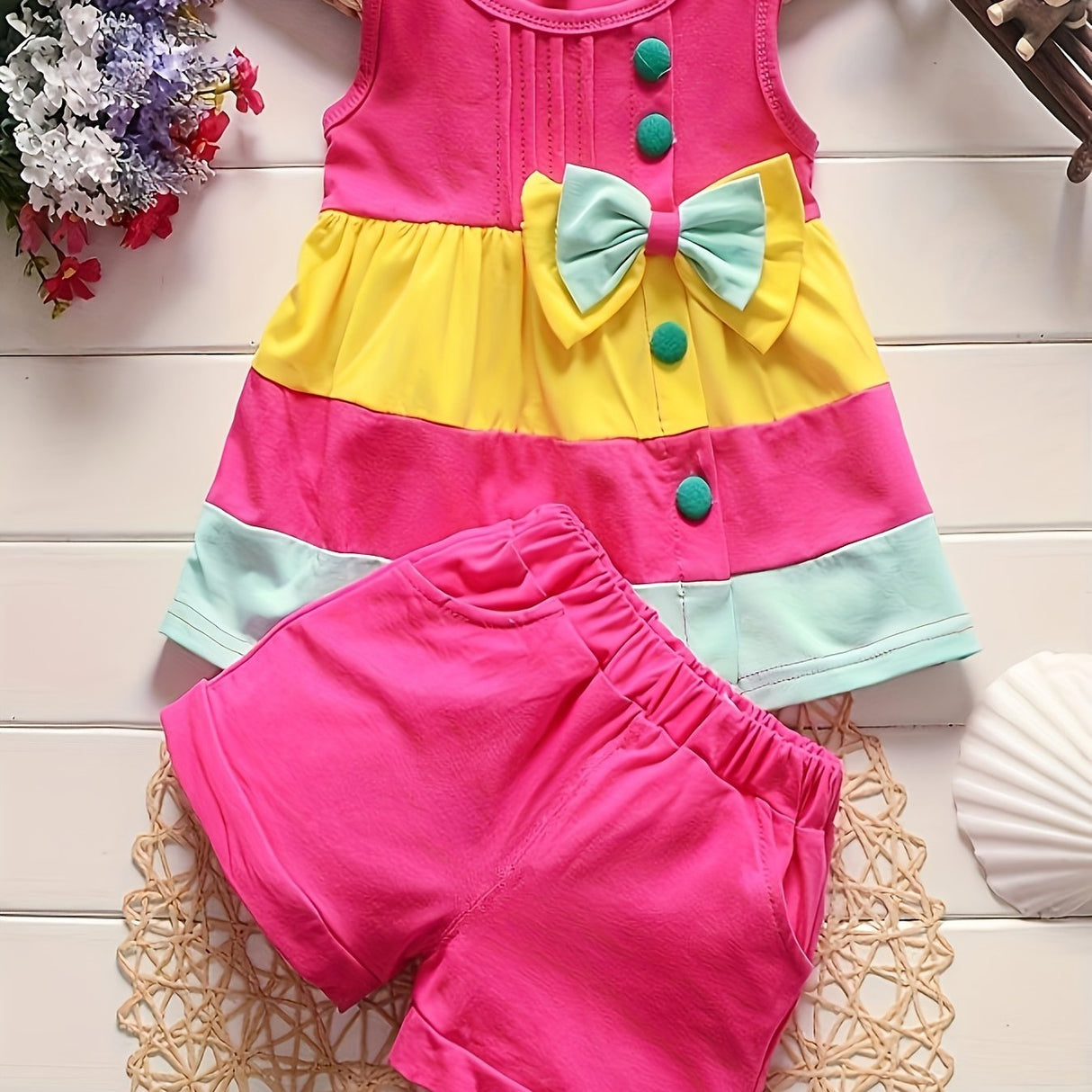 Baby girl fashion summer bow patchwork vest shorts two-piece set of western-style outfits, Perfect for Outdoor