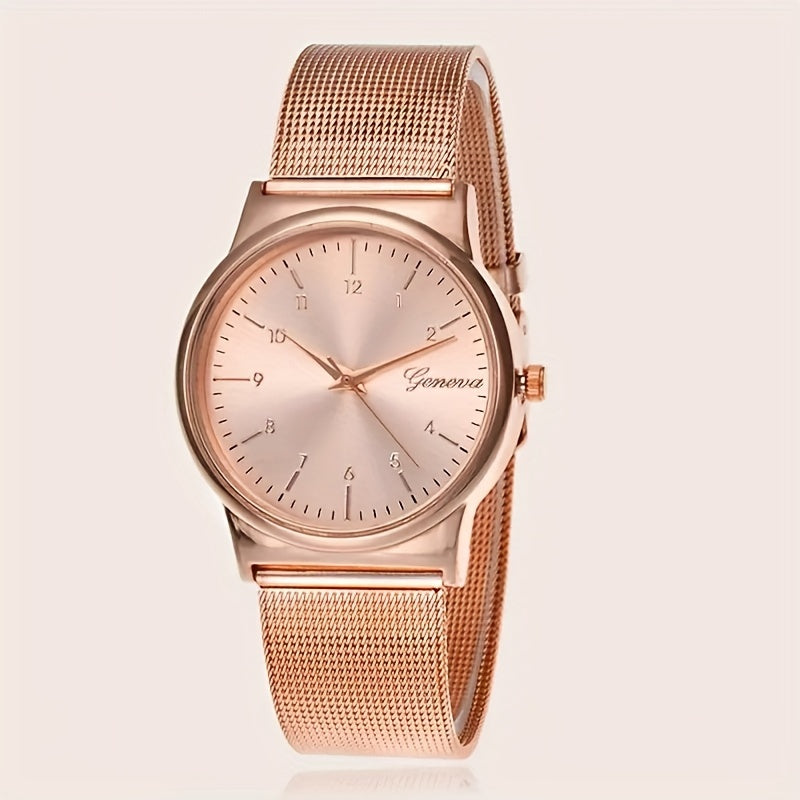 6pcs/set Women's Watch Luxury Rose Golden Quartz Watch Analog Stainless Steel Mesh Wrist Watch & Bracelets, Gift For Mom Her for eid, ramadan