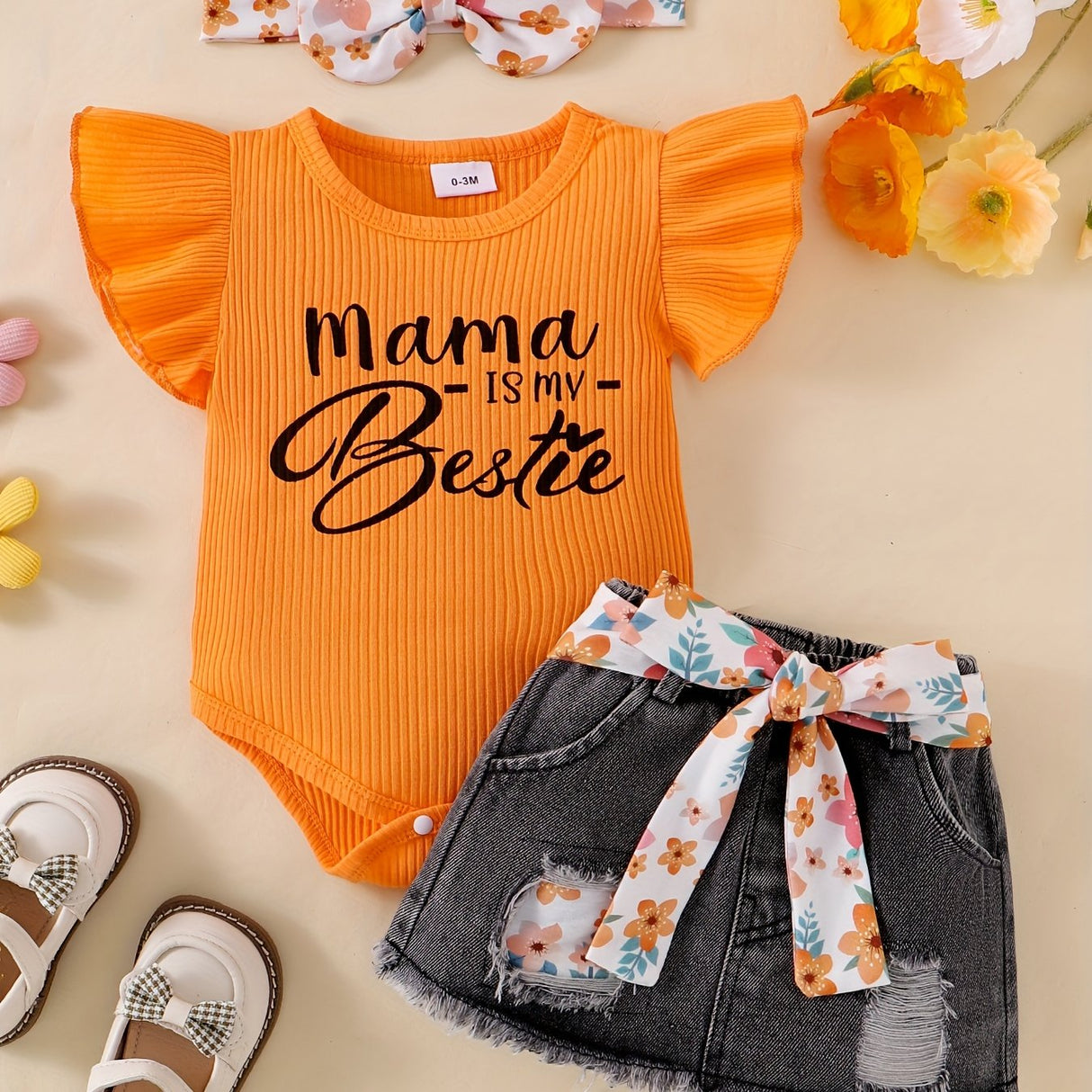 Baby Girl Clothes Newborn Jumpsuit Short Sleeved Denim Skirt with Front End and Baby Clothing Set, 0-18 Months, for Outdoor