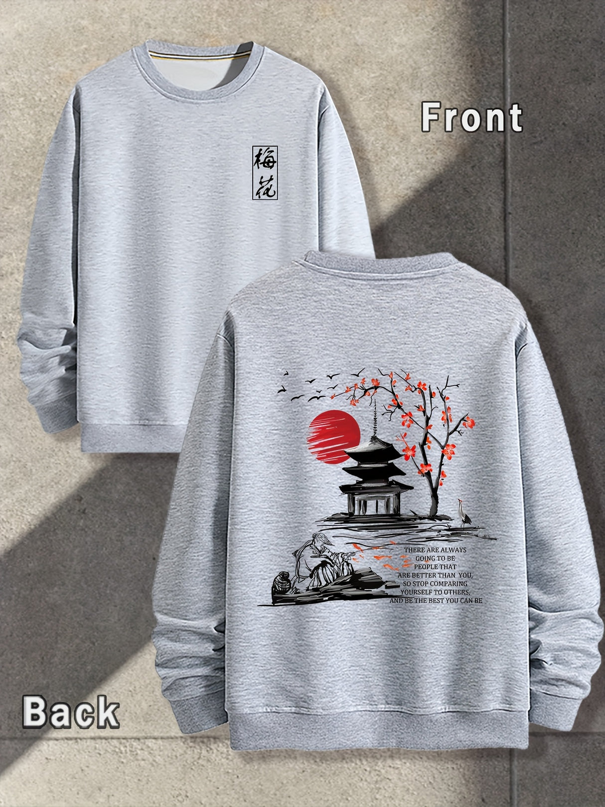 Spring And Autumn, Men'S Fashion Crew Neck Sweater, Plum Blossoms, Front And Rear Printing Patterns Of The Pavilion, Outdoor Wear Inside And Outside With The Same Crew Neck Sweater For Men And Women