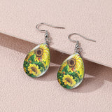 Elegant Sunflower & Hummingbird Water Drop Earrings - Stainless Steel Posts, Glass Material, Perfect for Casual Attire, Pair, Elegant Style