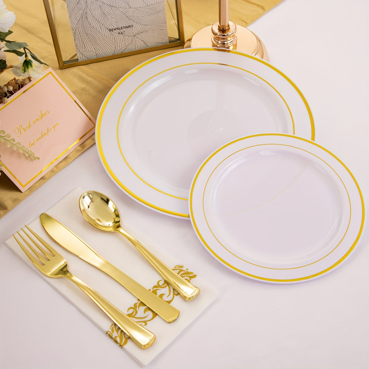 500 Pcs Golden Plastic Plates with Golden Silverware, White Golden Plastic Dinnerware Set for Party include: 100 Dinner Plates 10.25 inch, 100 Dessert Plates 7.5 inch, 100 Golden Silverware Sets