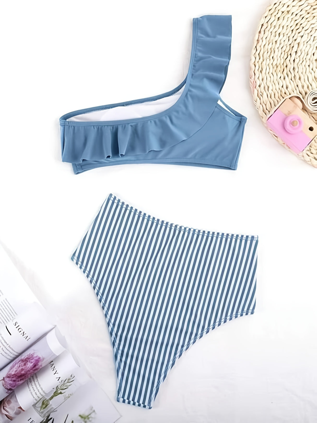 2 Piece Ruffle One Shoulder Stripes Print Bikini Set - High Waist Tummy Control, Asymmetric, Blue, Stretchy, Beach Swimsuit for Women