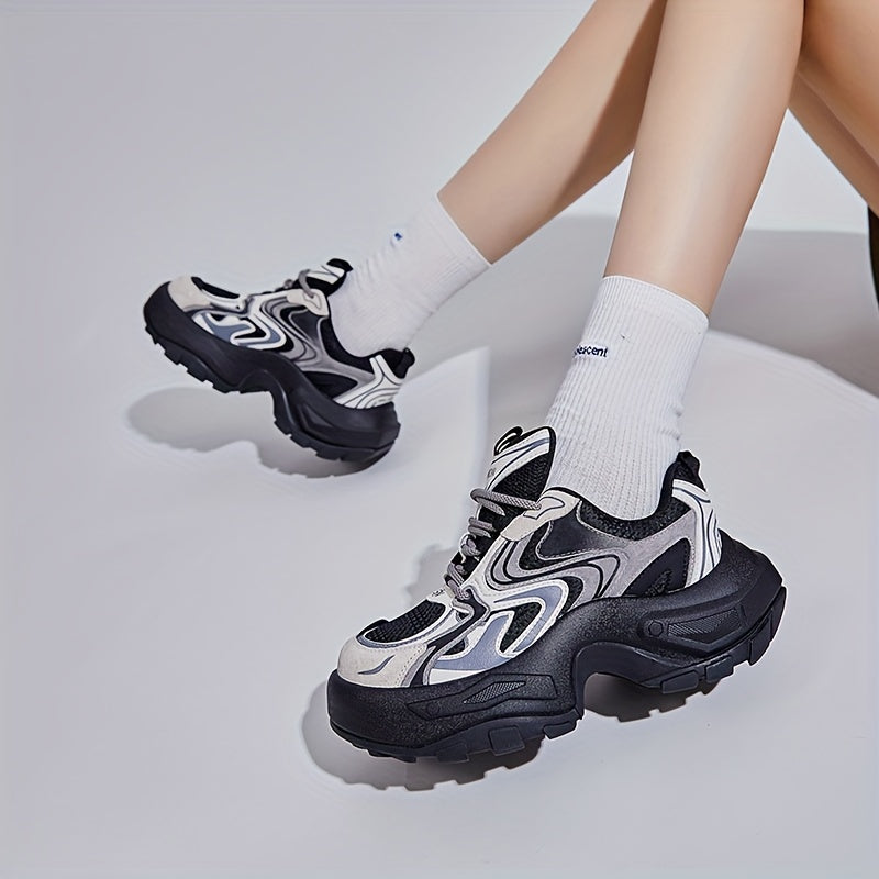 Women's Fashion Trendy Thick Bottom Running Shoes, Versatile Breathable Lace Up Chunky Sneakers