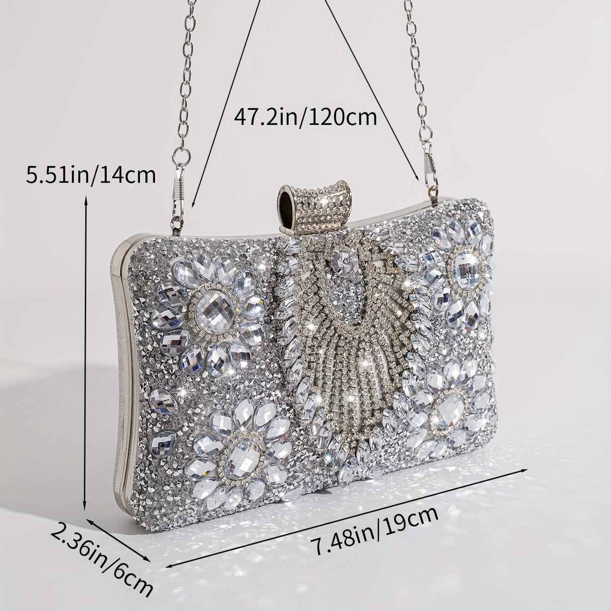 Elegant Silvery Rhinestone Clutch, Women'S Evening Party Handbag with Removable Strap, Crystal Beaded Bridal Wedding Purse, Buckle Closure, Polyester Lined
