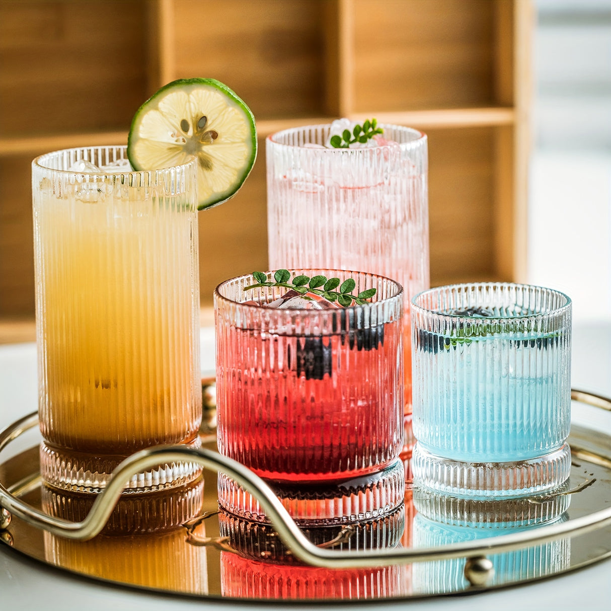 12Pcs, Ribbed Glasses, Drinking Glass Set, Vintage Glassware for Kitchen, Old Fashioned Whiskey Tumblers, Perfect for Juice, Cocktails, and Beverages