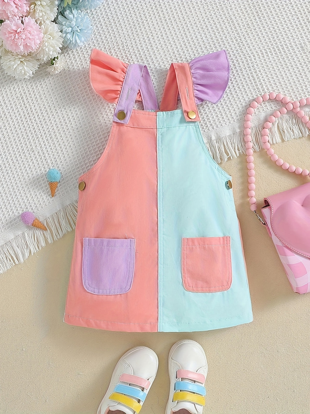Vibrant Color Block Overall Dress for Little Girls - Soft Cotton, Slight Stretch, Frill Straps, Versatile & Chic Suspender Design, Machine Washable, Perfect Birthday Gift for Summer Casual Wear