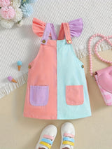 Vibrant Color Block Overall Dress for Little Girls - Soft Cotton, Slight Stretch, Frill Straps, Versatile & Chic Suspender Design, Machine Washable, Perfect Birthday Gift for Summer Casual Wear