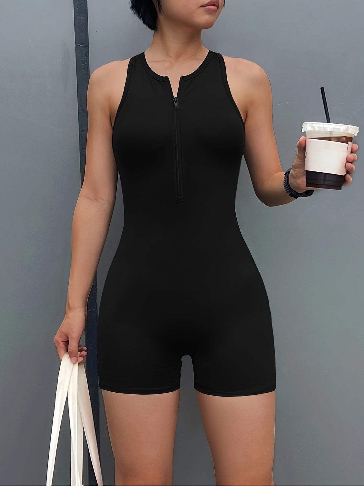 Solid Color Tight Sleeveless Yoga Jumpsuits - Women's Zipper Hollow Back Sports Casual Without Chest Pad