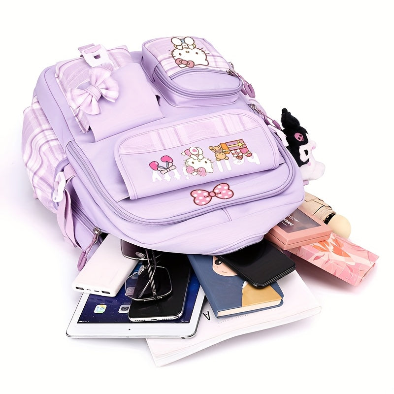 Sanrio Hello Kitty Backpack with 2 Free Hairpins - Large Capacity Laptop Backpack, Lightweight School Bag with Adjustable Straps & Zipper Closure, Cute Purple Plaid & Hello Kitty Prints, Gift for Girls, Birthday, Sanrio Fans