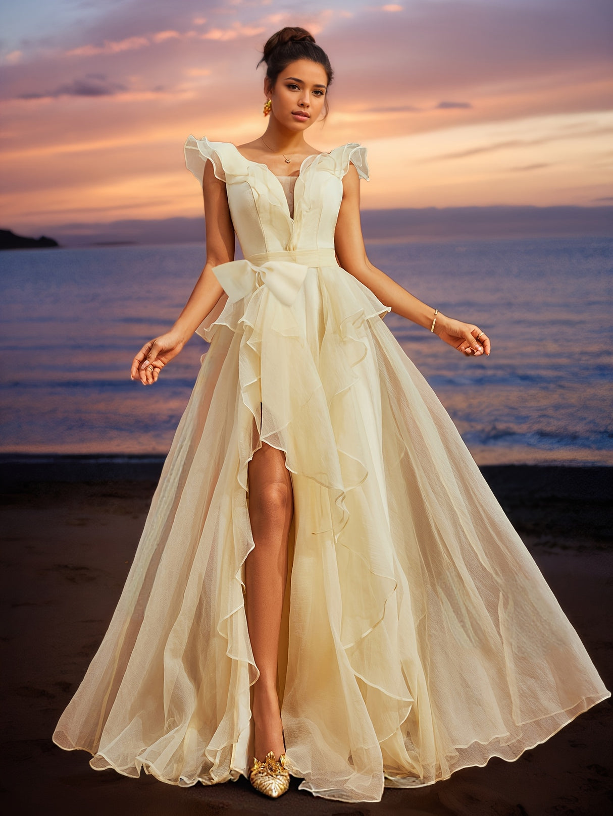 Elegant Off-Shoulder Ruffle Trim Gown with Bow Detail - Deep V-Neck, Backless Design, High Slit Mesh Evening Dress for Women, Perfect for Parties, Banquets, and Formal Events, Party Dress | Offshoulder Gown | Hemline Accent,