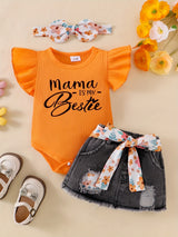 Baby Girl Clothes Newborn Jumpsuit Short Sleeved Denim Skirt with Front End and Baby Clothing Set, 0-18 Months, for Outdoor