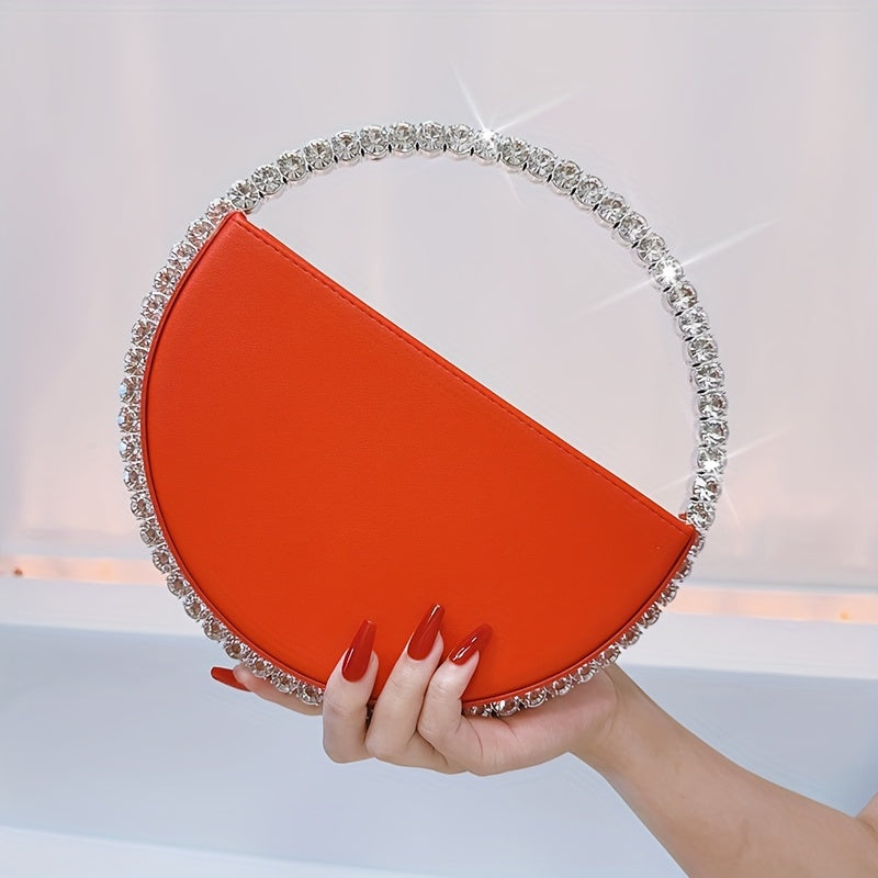Luxurious Round Rhinestone Clutch Bag - Zipper Closure, Faux Leather Lining, Solid Color, Elegant Party Prom Wedding Handbag for Women - Trendy and Chic Evening Purse