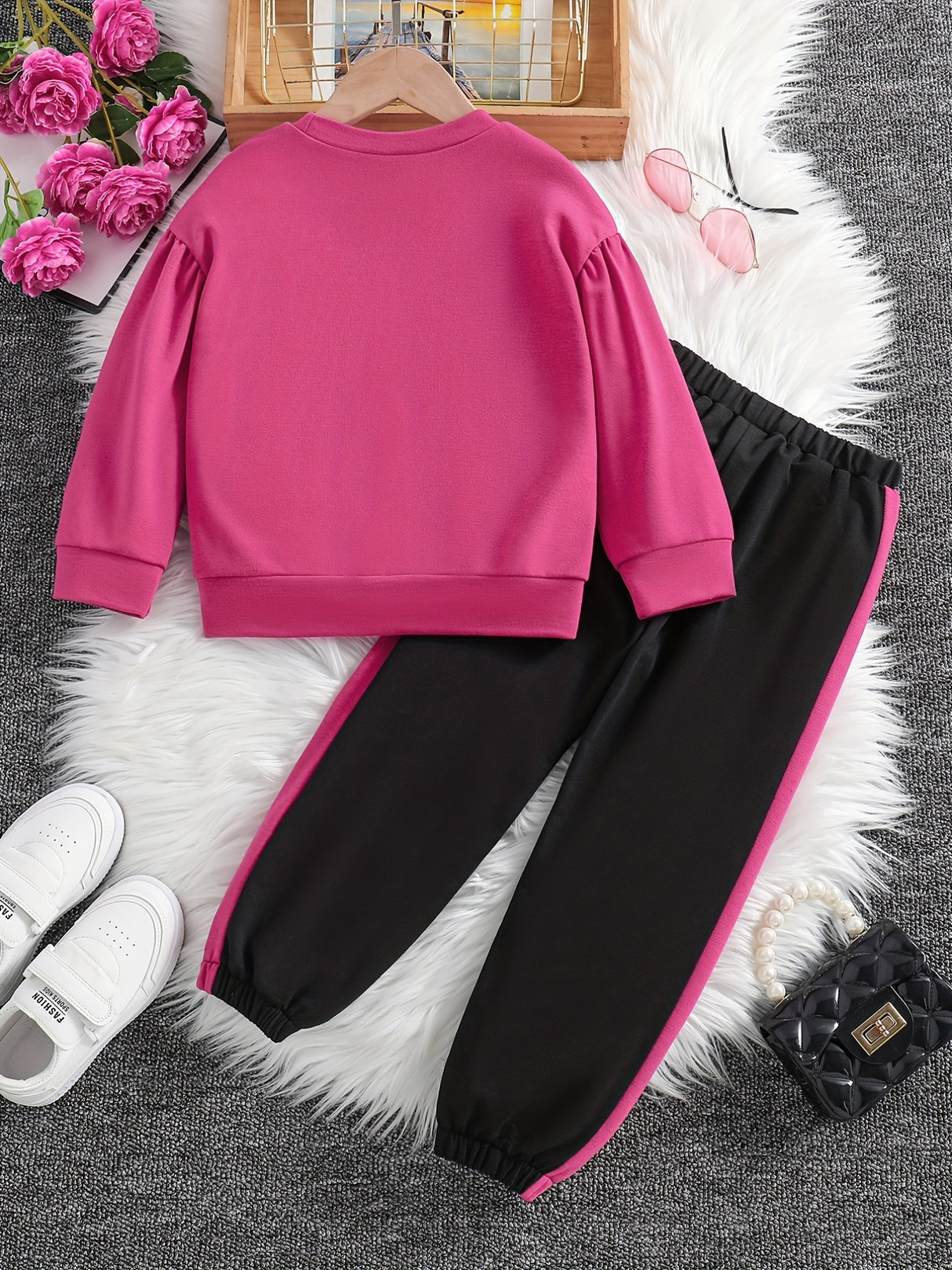 Girls 2pcs Sweatshirt & Elastic Waist Pants Set Bow Decor Long Sleeve Pullover Top Casual Kids Clothes Spring Fall