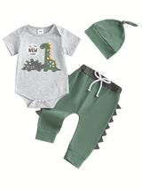 Baby Boy Summer Outfits Letter Dinosaur Print Short Sleeve Round Neck Romper with Solid Pants and Hat 3pcs Set, for Outdoor