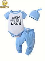 KuKitty 3pcs Newborn infant Baby Boy Summer Clothes Printed Short Sleeve Bodysuit Top and Long Pants with Hat Outfit Set for Boys Babies