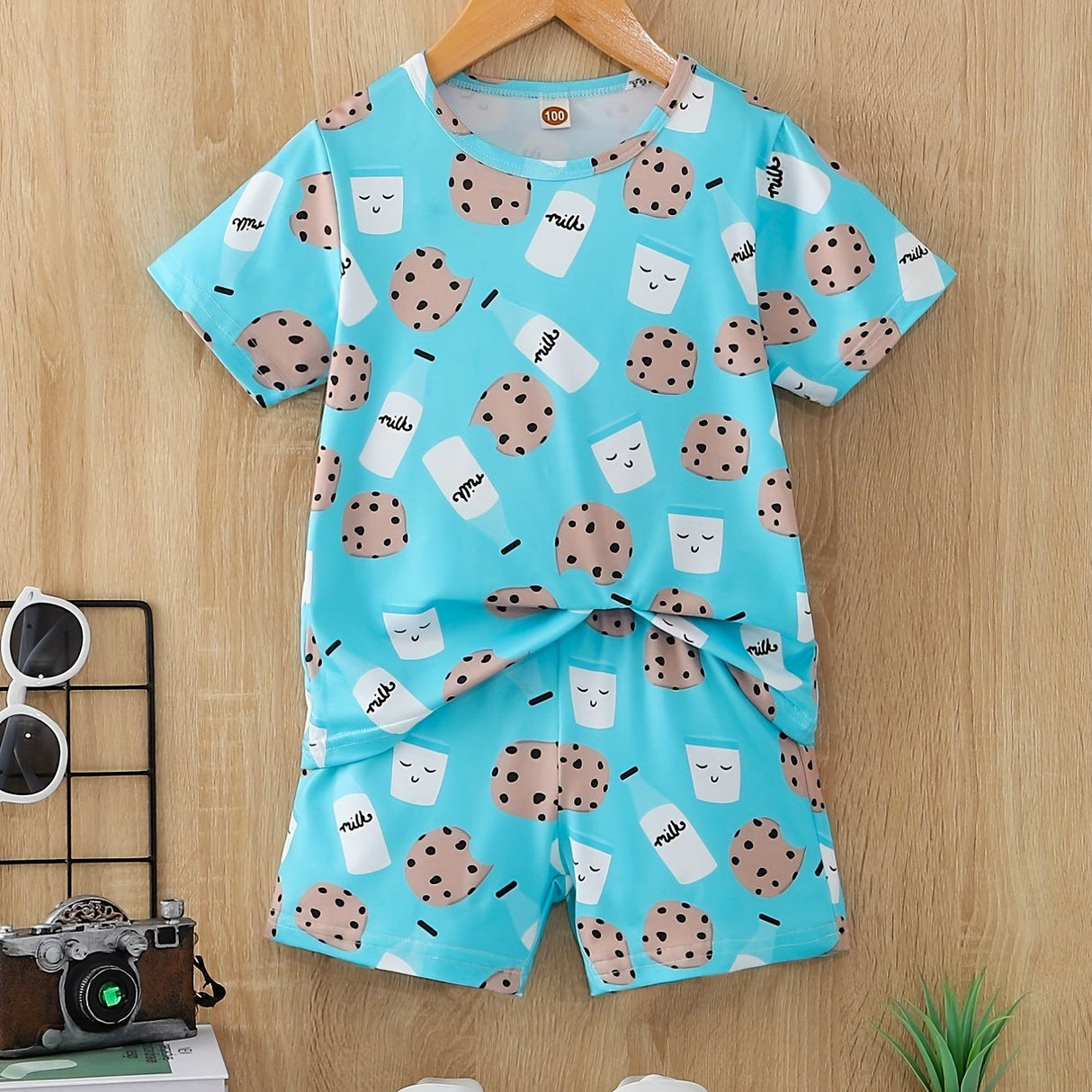 Boys Cartoon Biscuit And Milk Outfit Shorts & T-shirt Short Sleeves Crew Neck Casual Summer Kids Clothes