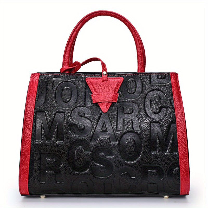 Luxury Genuine Leather Tote Bag, Women's Letter Embossed Handbag, Large Capacity Satchel Purse