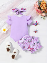 Baby Girl Butterfly Pattern Onesie, bow lace shorts, hair band three-piece set