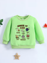 1pc Toddler Boys' Casual Long Sleeve "Armor of God" Print Pullover Sweatshirt, Polyester Knit Cartoon Pattern, Round Neck, Elastic Fabric, Loose Fit for Spring/Autumn