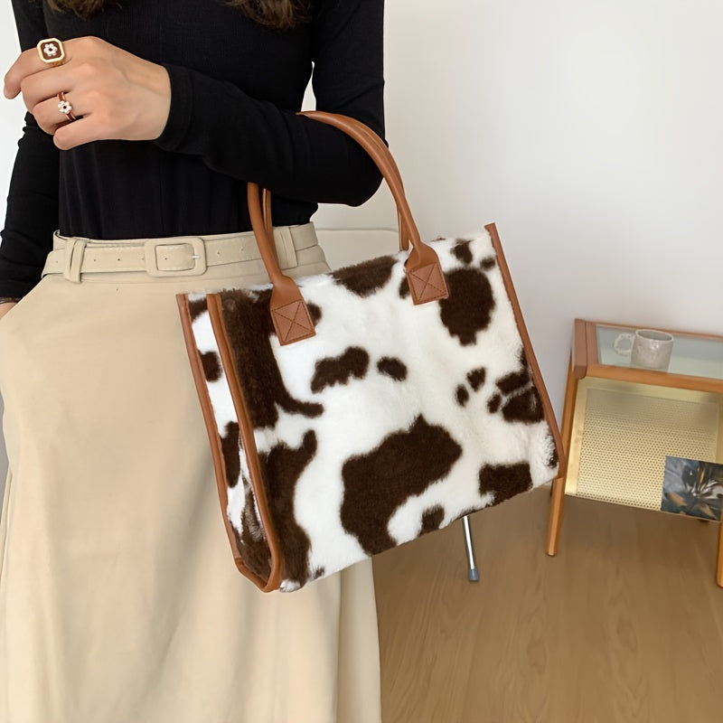 Plush Cow Pattern Tote Bag, Y2K Vintage Shoulder Bag, Fluffy Faux Fur Handbag For Women